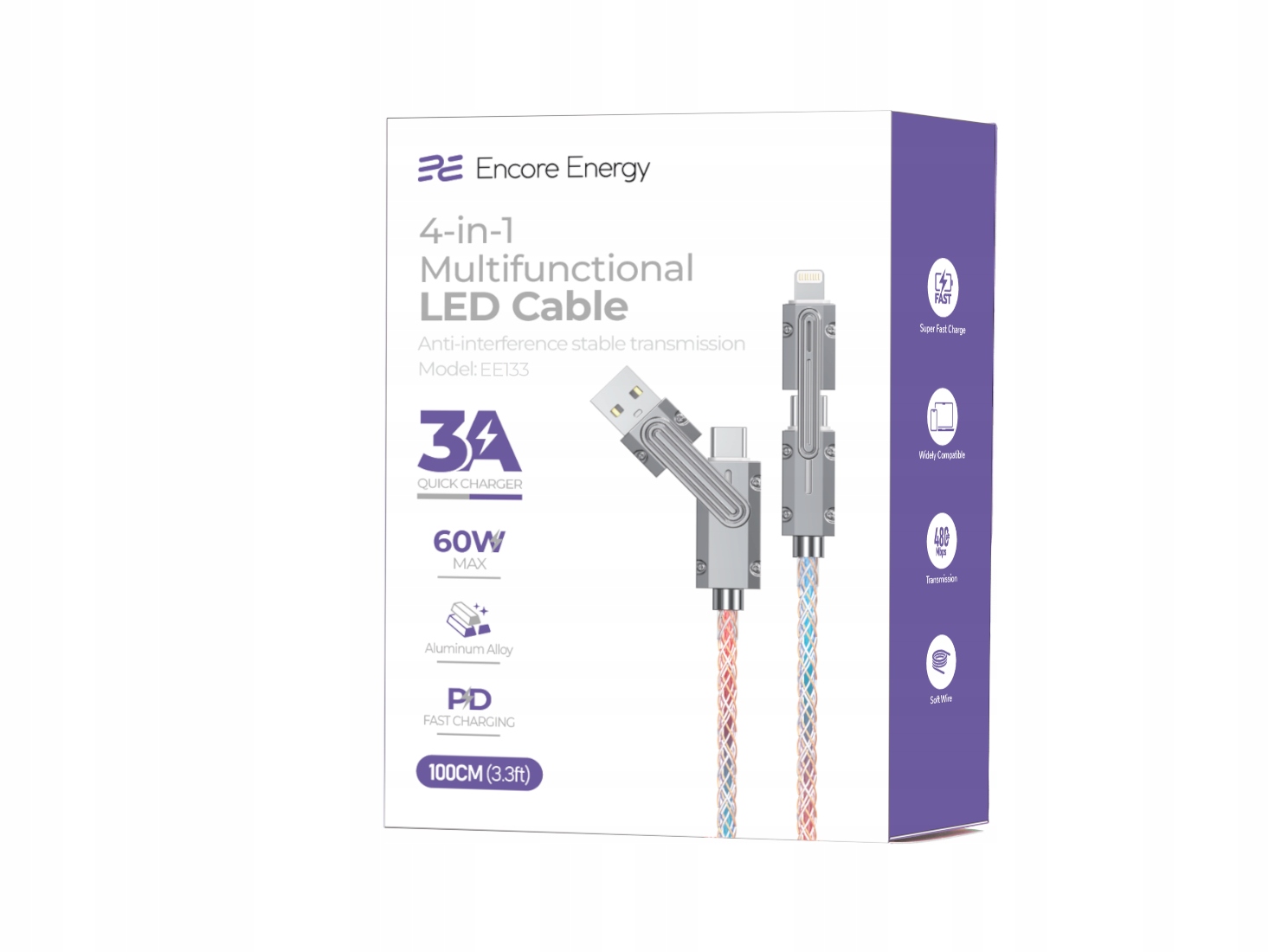 Podświetlany kabel Encore Energy 4w1 USB-C USB-A Lightning – Nowoczesne rozwiązanie do ładowania