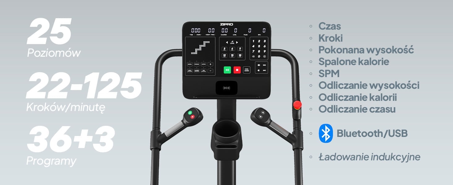 Panel ZIPRO Legday z parametrami treningu: 25 poziomów oporu, prędkość 22–125 steps/min, 36 programów wbudowanych i 3 programy użytkownika oraz funkcjami treningu: czas, kroki, pokonana wysokość, spalone kalorie, SPM, odliczanie wysokości, odliczanie kalorii, odliczanie czasu, Bluetooth/USB oraz ładowanie indukcyjne.