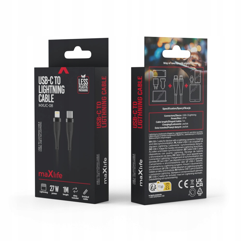 Kabel Maxlife MXUC-08 USB-C - Lightning 1,0 m 27W czarny nylonowy – Niezawodny wybór do ładowania i transmisji danych