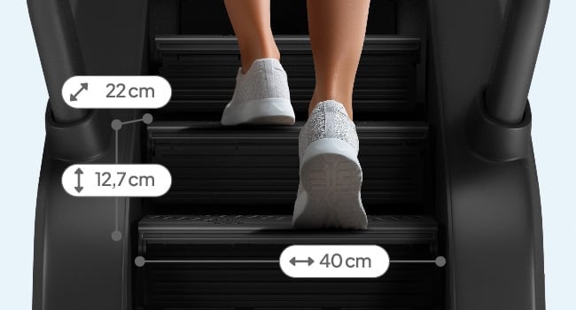 Mechanizm schodów ZIPRO Legday – praca stopni podczas treningu i wymiary stopnia: 22x12,7x40cm.