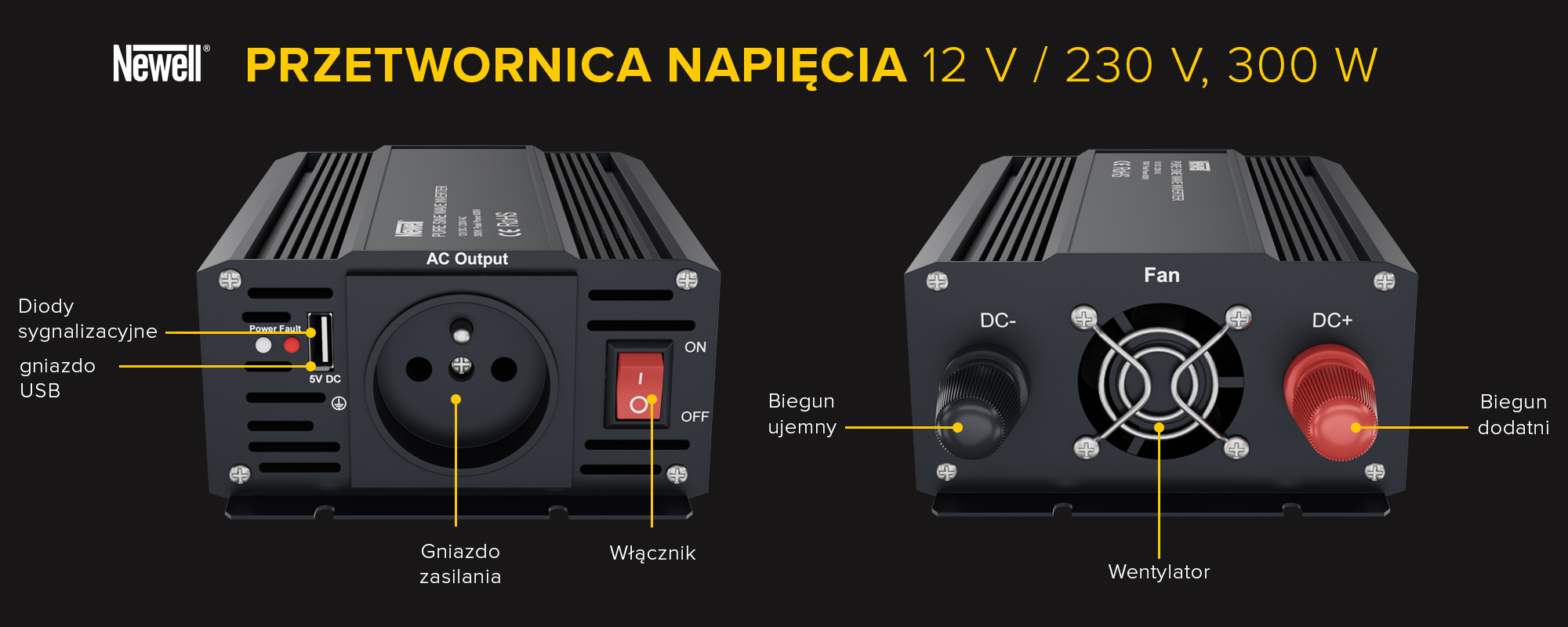 Przetwornica napięcia Newell z czystą sinusoidą - 12 V _ 230 V, 300 W