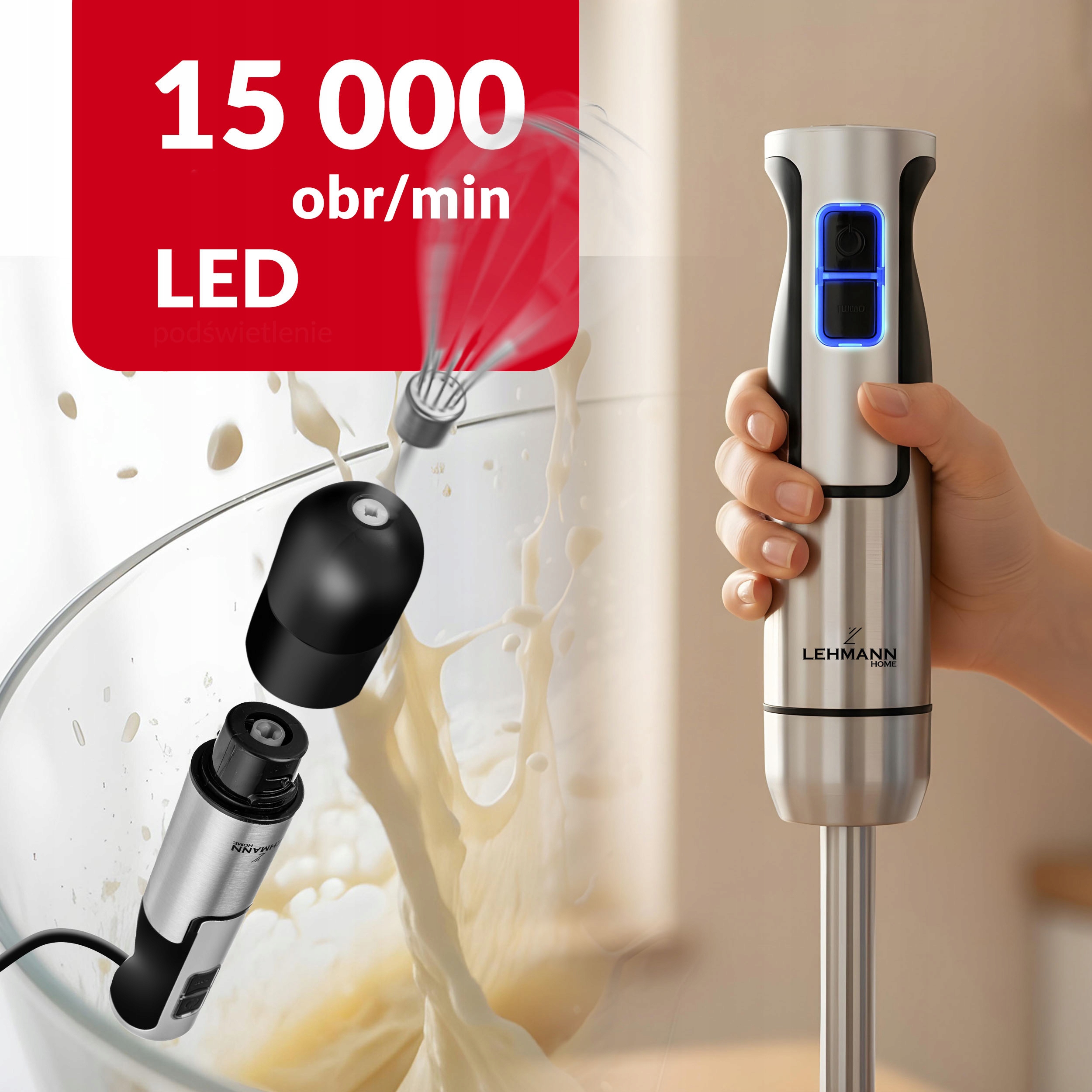 MOCNY BLENDER RĘCZNY WIELOFUNKCYJNY MIKSER NAJMOCNIEJSZY SILNIK OSTRZE XXL Kolor dominujący srebrny/szary