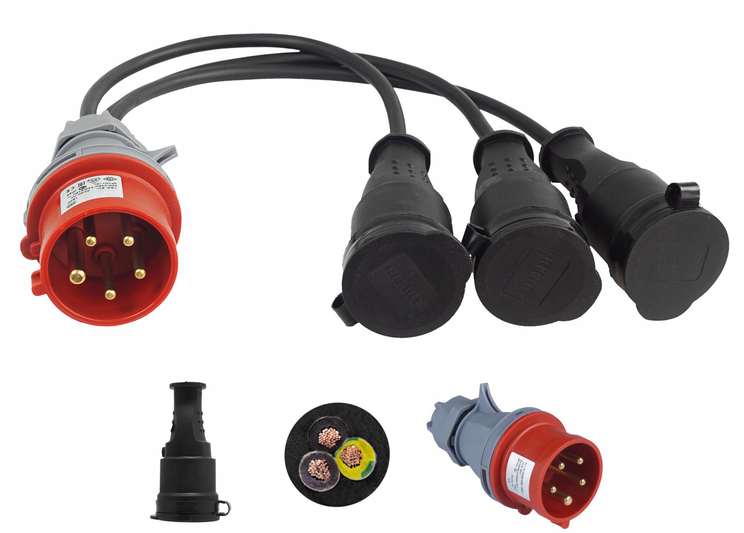 Adapter siłowy wtyk 16A 5P / 3x gniazdo 2P+Z 16A 230V IP44 na kablu OW 3x1,5mm2 0,5m – Niezawodne zasilanie w Twoim domu