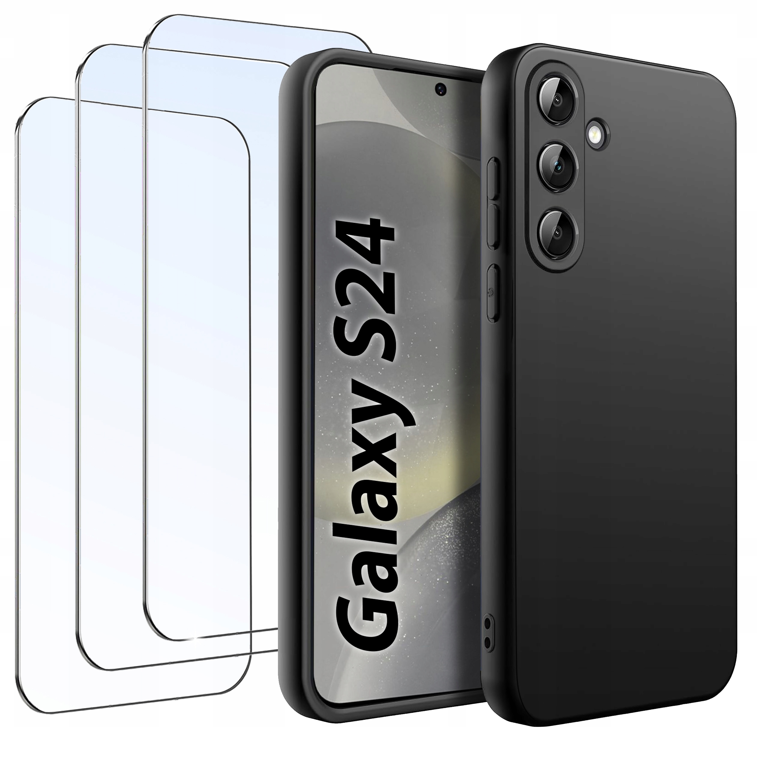 ZESTAW Etui do Samsung S24 Matowe Czarne Silikon Slim +3 SZTUKI SZKŁO – Ochrona i styl w jednym