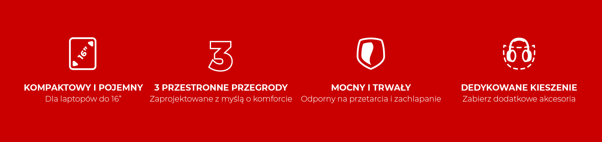 Czerwone tło z czterema białymi ikonami przedstawiającymi cechy produktu.