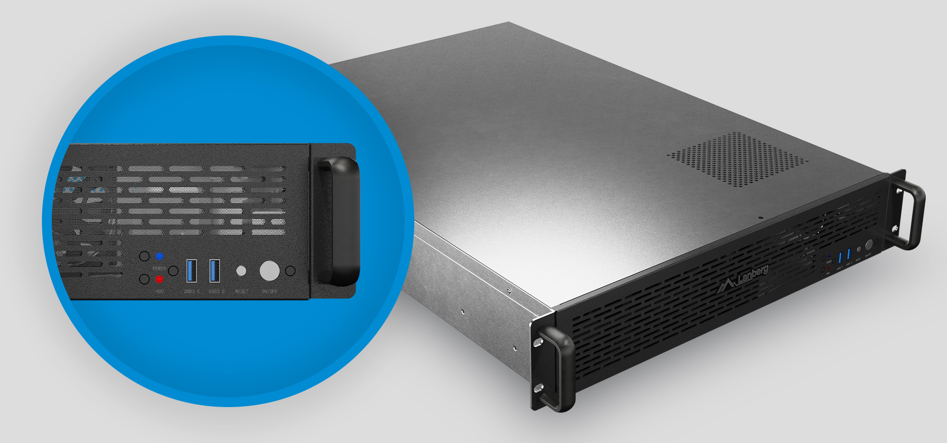 Obudowa serwerowa E-ATX firmy Lanberg, charakteryzująca się eleganckim srebrnym wzornictwem z przednimi portami USB i uchwytami ułatwiającymi dostęp.