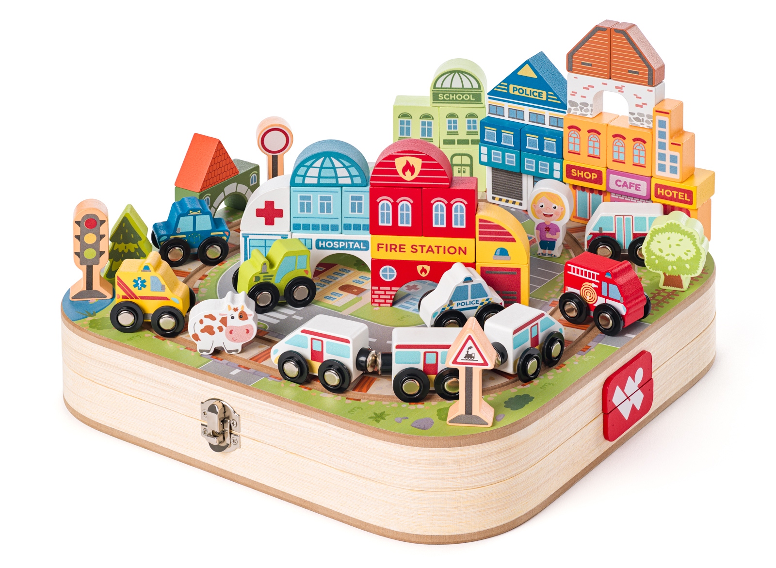 WOODYLAND Drewniana walizka miasto i kolej – Odkryj magiczny świat zabawy
