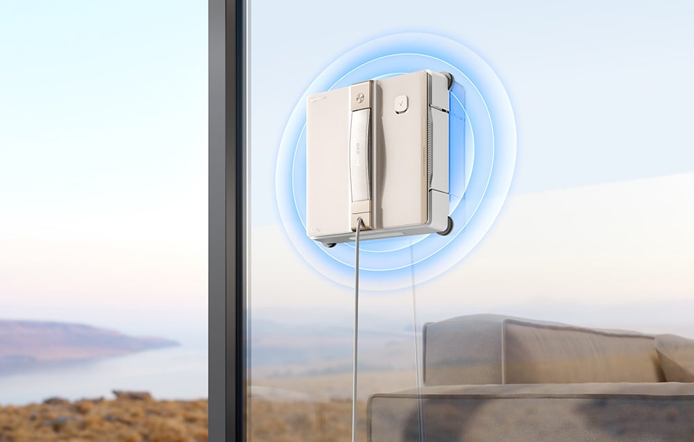 Robot do mycia okien Dreame Dreame C1 przyczepiony do szyby z efektami graficznymi sugerującymi działanie przyssawki lub systemu przytrzymującego