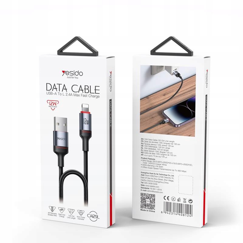 Kabel Yesido CA129L 12W USB-Lightning 1.2m - Niezawodne ładowanie i przesył danych