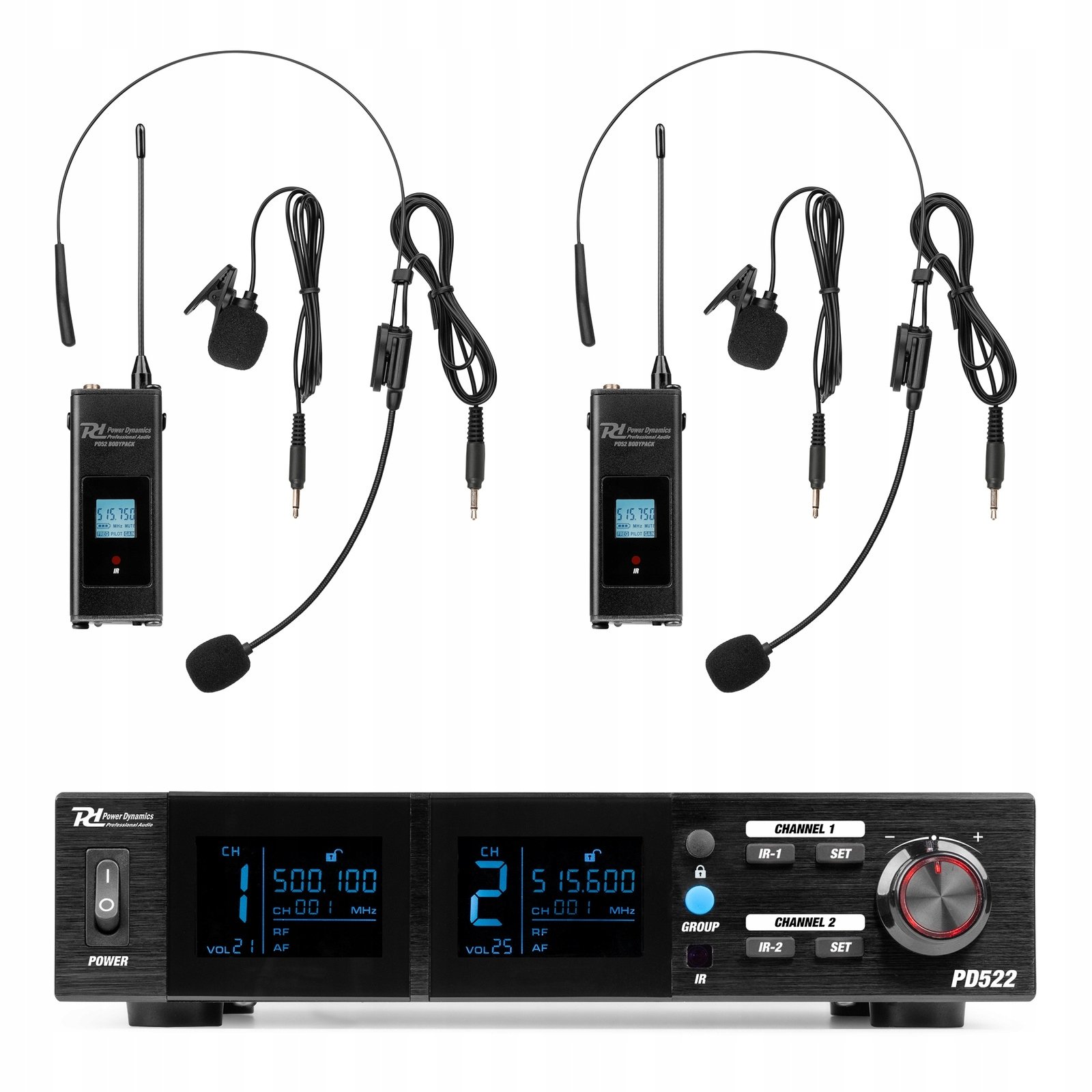 Zestaw bezprzewodowy mikrofonów UHF 2x bodypack nagłowny stacja Power Dynamics – Profesjonalna jakość dźwięku