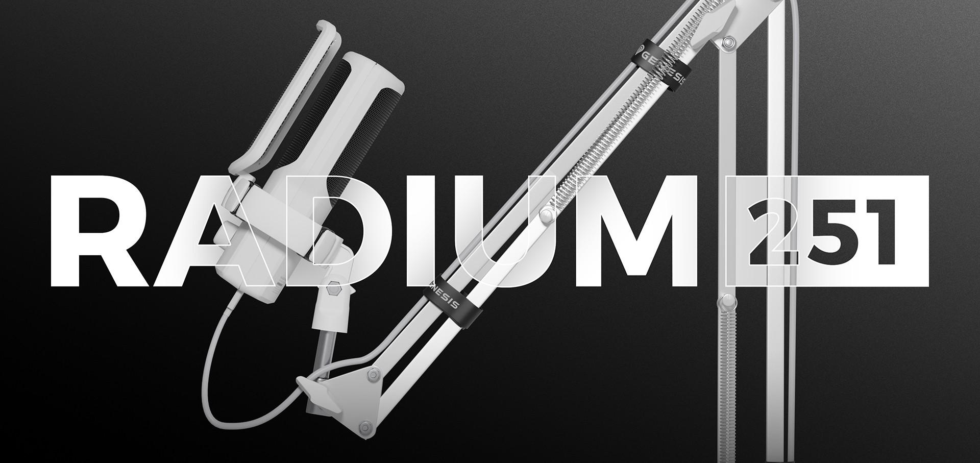 Biały wysięgnik mikrofonu USB z widoczną nazwą modelu