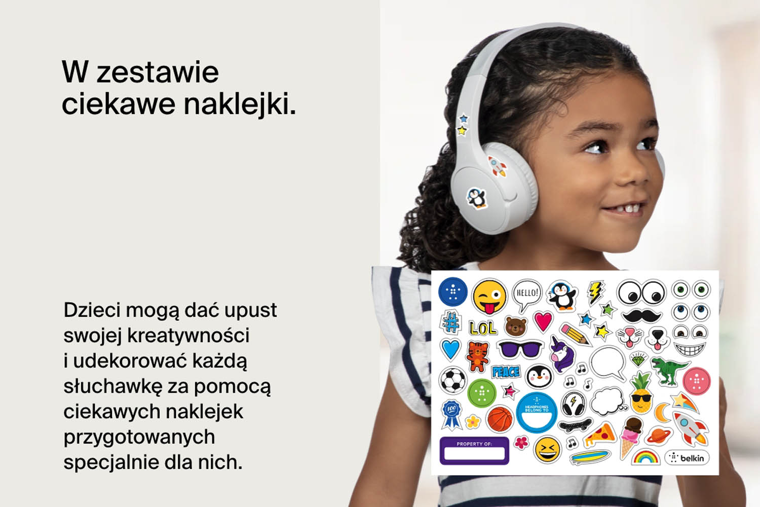 bezprzewodowe słuchawki dla dzieci białe z naklejkami