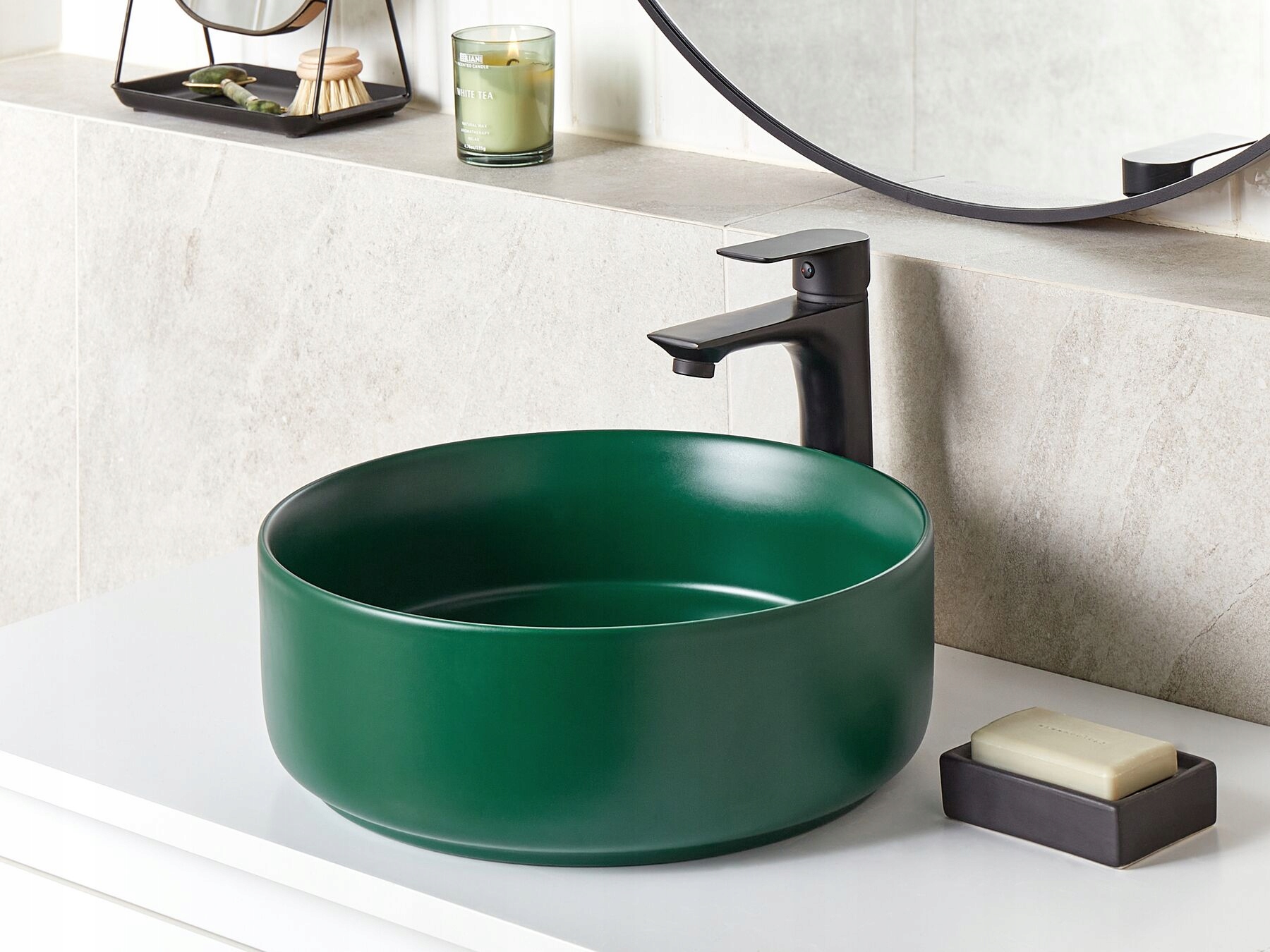 Umywalka nablatowa ceramiczna ⌀ 37 cm zielona GUDAR Lumarko – Elegancja i funkcjonalność w Twojej łazience