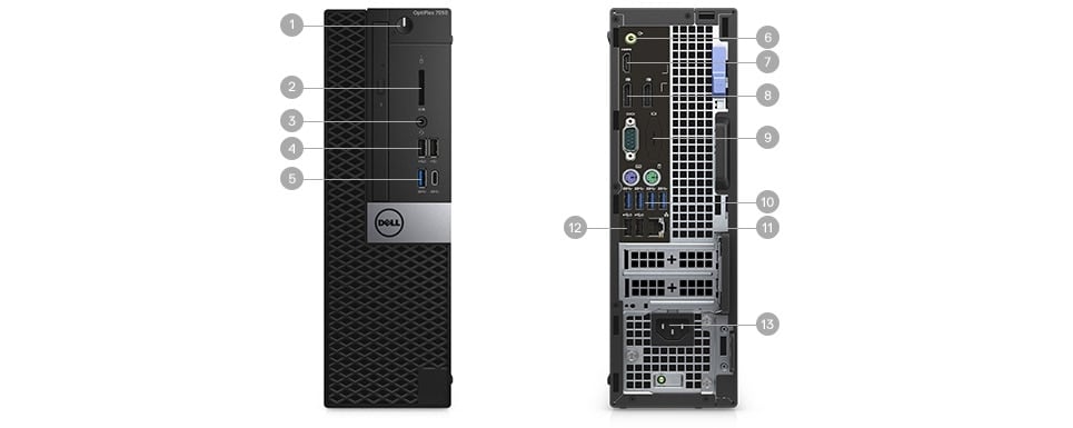 Nowy komputer OptiPlex 7050 Tower i SFF — porty i gniazda — obudowa typu SFF Nowy komputer OptiPlex 7050 Tower i SFF — porty i gniazda — obudowa typu SFF