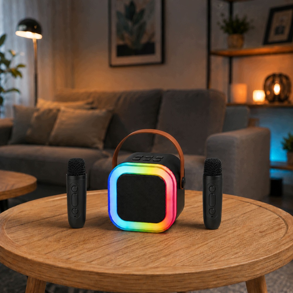 Zestaw Do Karaoke Głośnik Bluetooth Dwa Mikrofony Światła LED Czarny – Muzyczna zabawa dla każdego