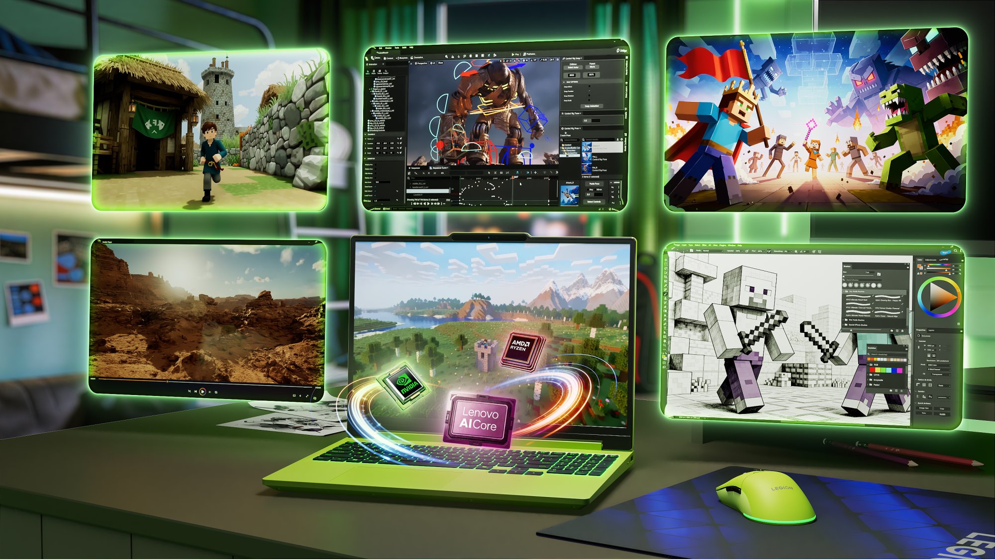 Jasnozielony laptop Lenovo z podświetlaną klawiaturą stoi na biurku, a na jego ekranie wyświetla się krajobraz z gry Minecraft, otoczony przez pięć mniejszych ekranów prezentujących różne gry i aplikacje kreatywne, takie jak animacja 3D, edycja grafiki i krajobrazy.