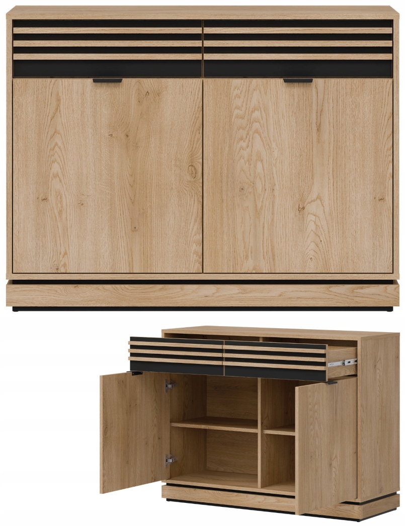 Komoda mała dwudrzwiowa z szufladami Lamele Dąb Cremona Czarny FERRO FE02 – Idealny wybór do każdego wnętrza