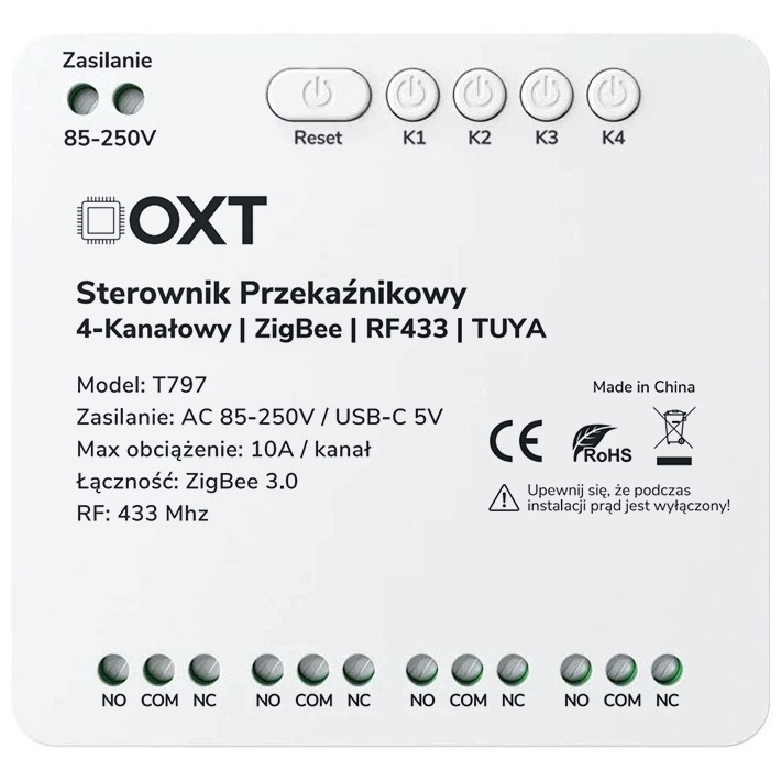 Sterownik przekaźnikowy 4-kanały 10A 5V USB 230V ZigBee RF 433 TUYA – Nowoczesne rozwiązanie do inteligentnego domu