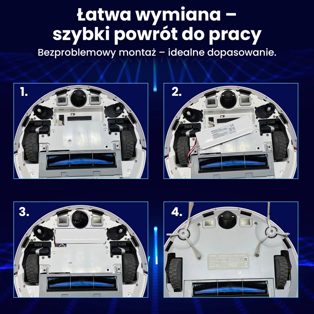 4 modele robotów sprzątających od spodu z widokiem na miejsce gdzie znajduje się bateria