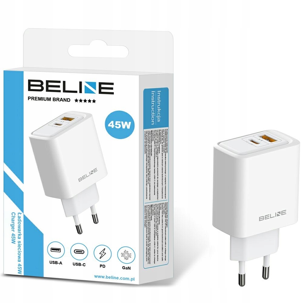 Ładowarka sieciowa Beline 45W GaN USB-A/USB-C – Szybkie ładowanie w zasięgu ręki