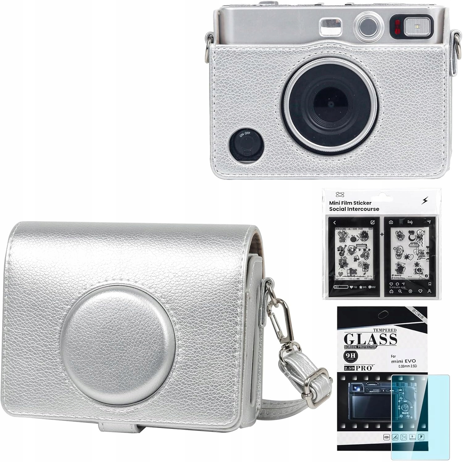 Srebrne Etui Pokrowiec Futerał + Szkło 9H + 10x Naklejki Do Fujifilm Instax Mini Evo – Idealne akcesoria dla Twojego aparatu