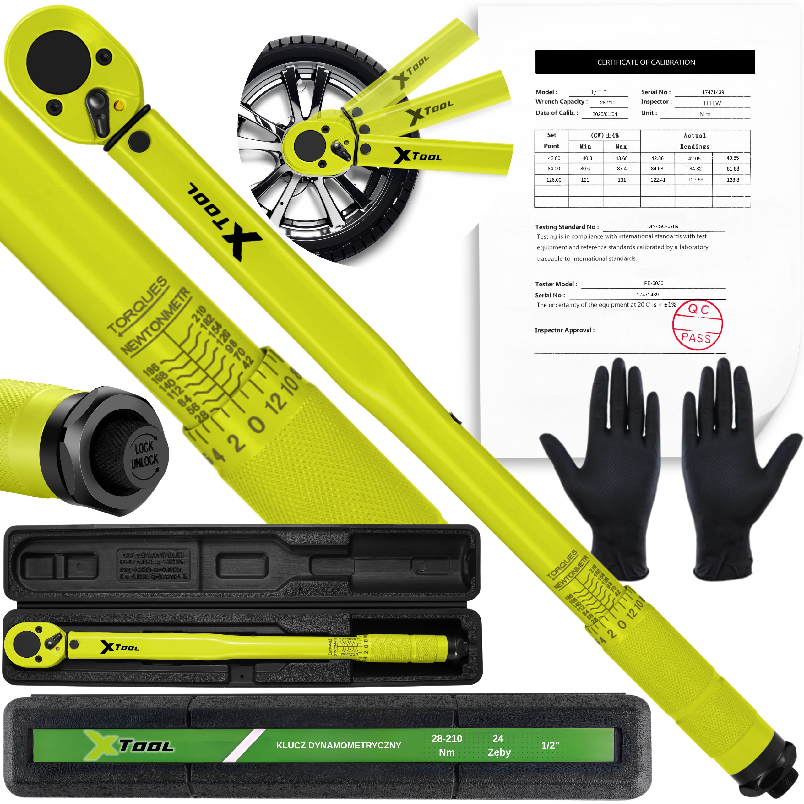 Zestaw zawiera: klucz, certyfikat kalibracji i akcesoria