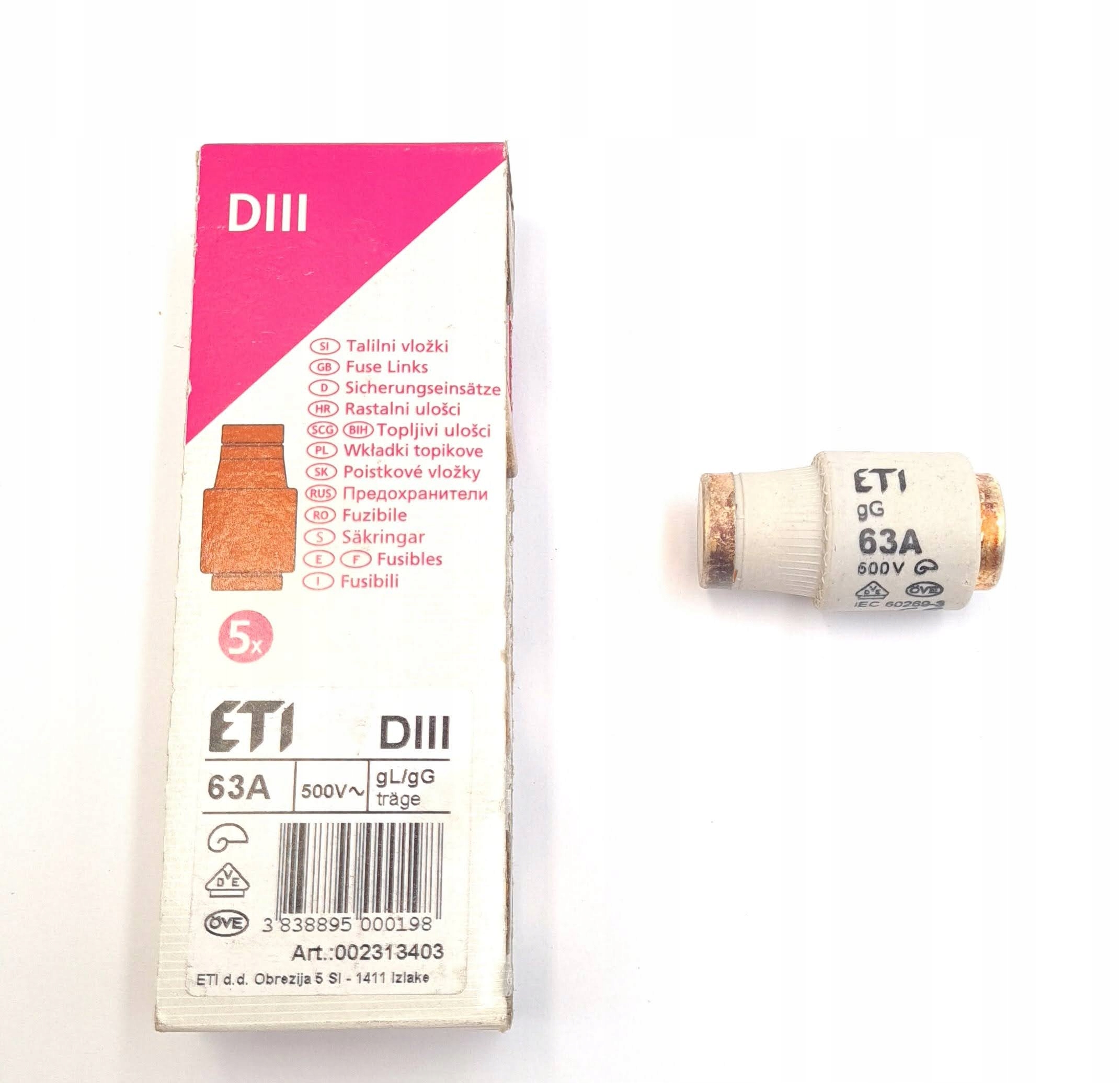 Parametry techniczne wkładki topikowej DIII gG 63A/500V