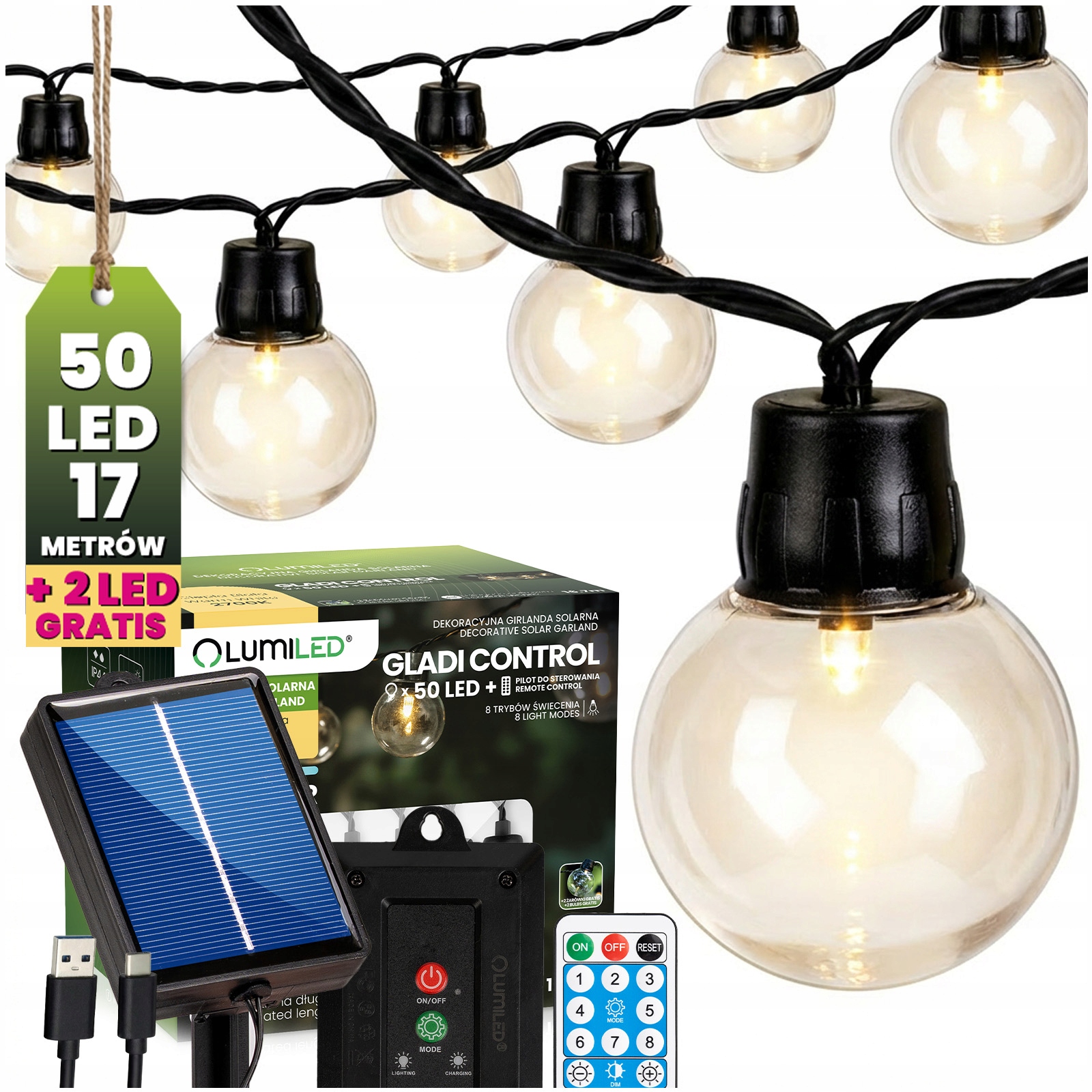 Girlanda solarna Gladi Control 50LED 16,7MB z pilotem – idealne oświetlenie do ogrodu