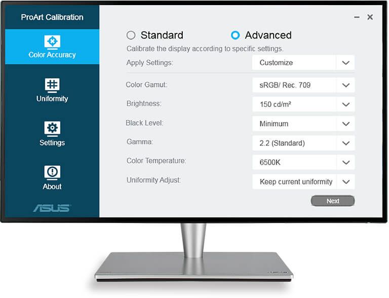 ASUS ProArt Calibration Technology achieves optimum color accuracy when working with different types of content with a variety of advanced setups
