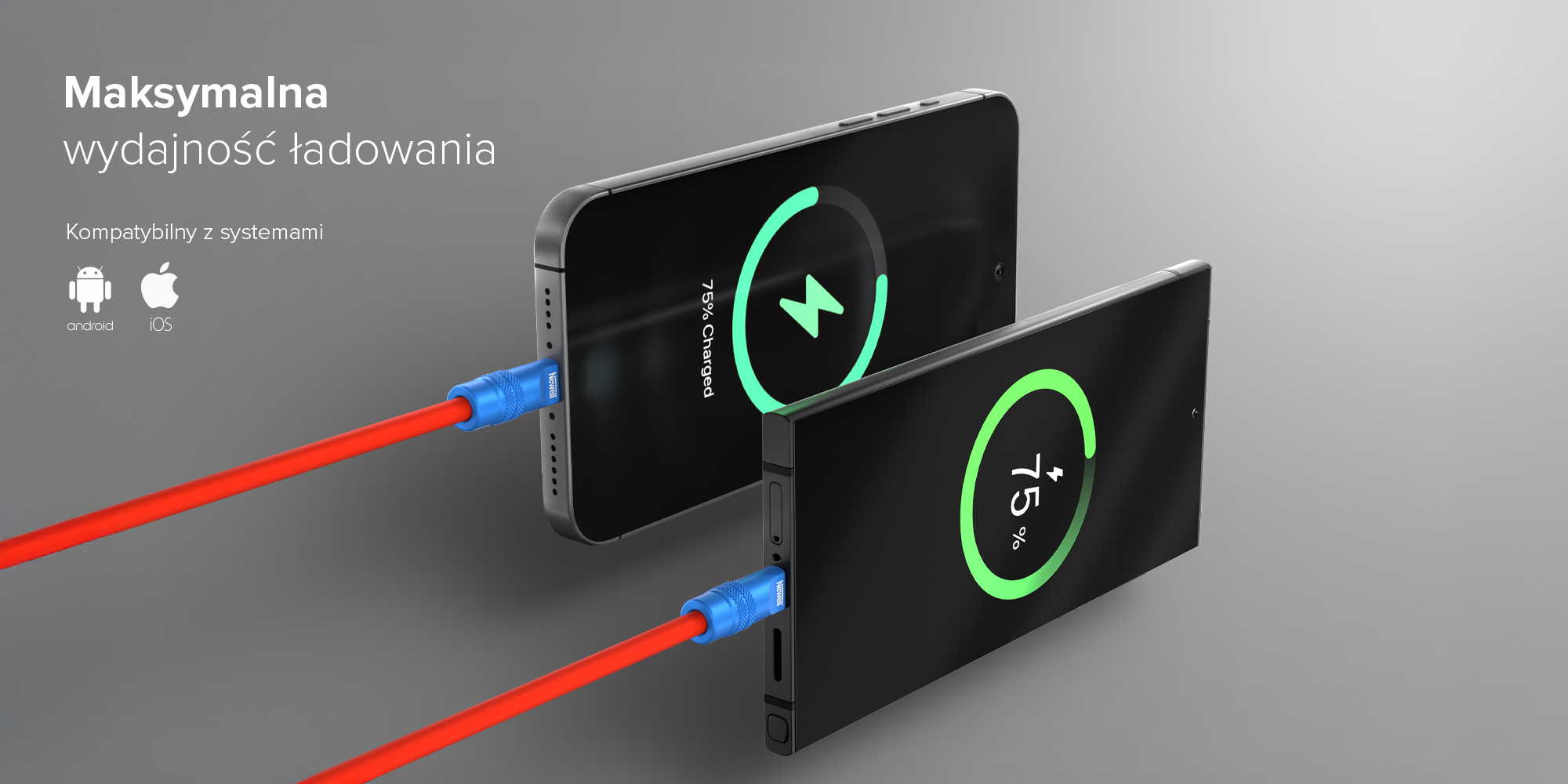 Kabel Newell USB-C - USB-C 100 W, 1,5 m, silikonowy, spiralny, niebiesko-pomarańczowy