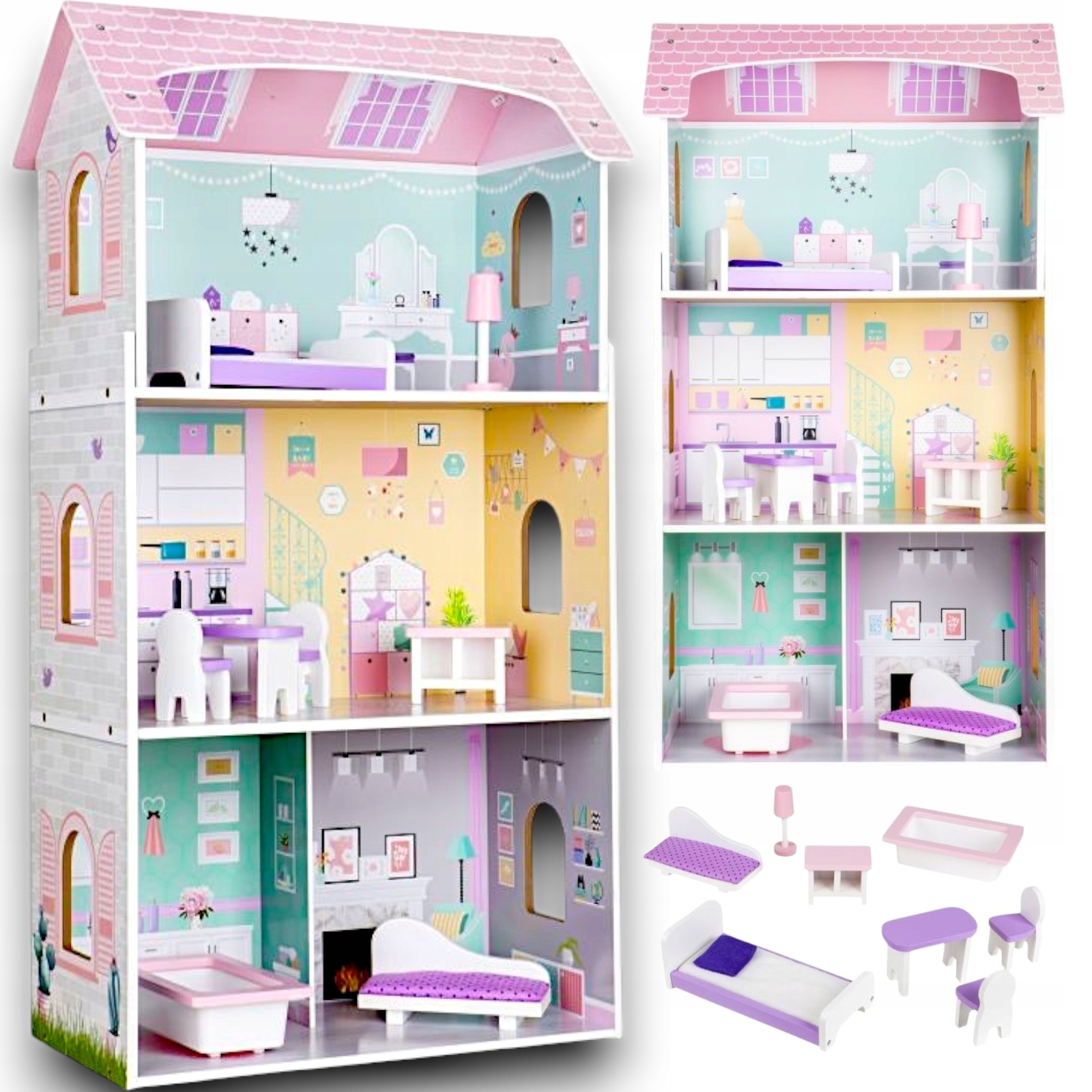Drewniany Domek Dla Lalek Duży + Akcesoria Meble Rezydencja Willa – Wspaniała zabawa dla dzieci