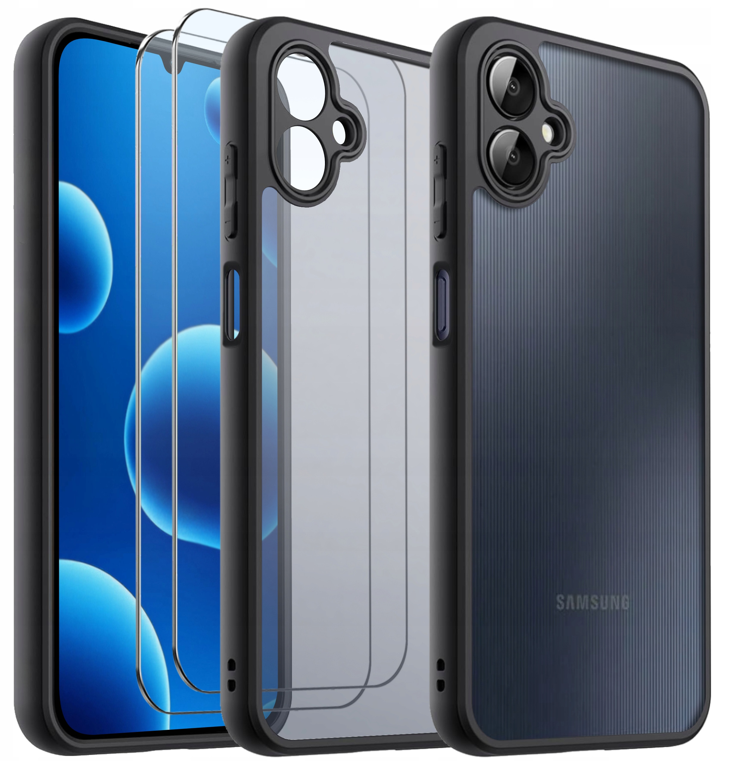 Etui do Samsung Galaxy A06 – Wzmocnione matowe czarne pancerne z 2x szkłem