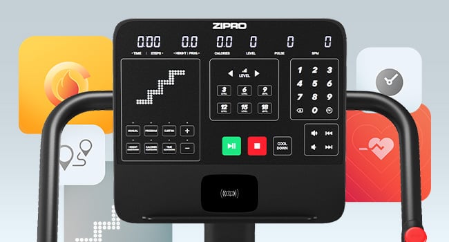Duży panel sterowania ZIPRO Legday z wyświetlaczem parametrów treningu.