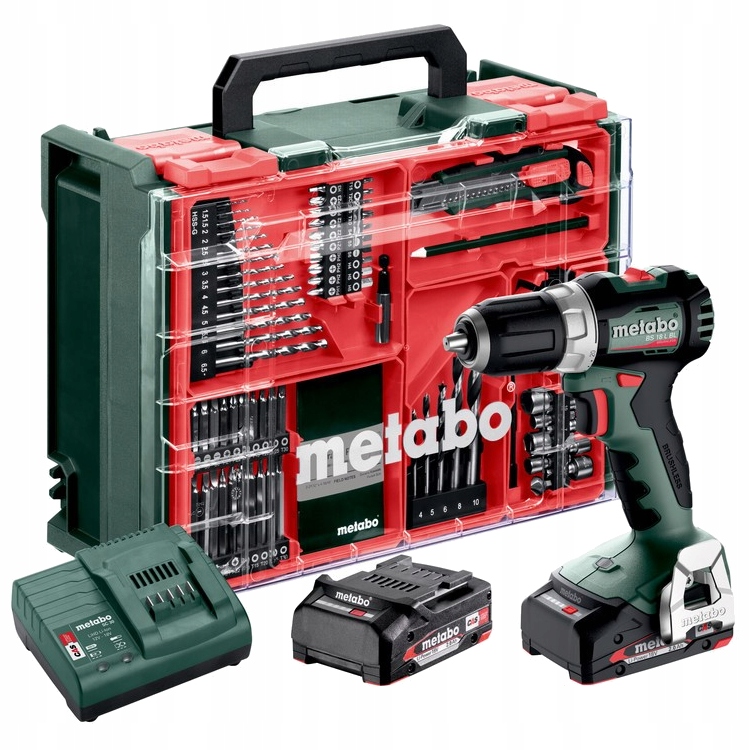 Metabo BS 18 L BL Set – Wiertarko-wkrętarka 18V z 2x akumulatorami 2.0Ah + Mobilny warsztat 74el. | Walizka + Ładowarka