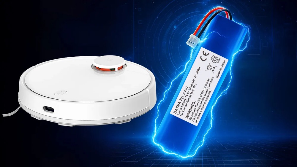 bateria wymienna do robotów xiaomi oraz na lewo robot sprzątający xiaomi robot mop pro