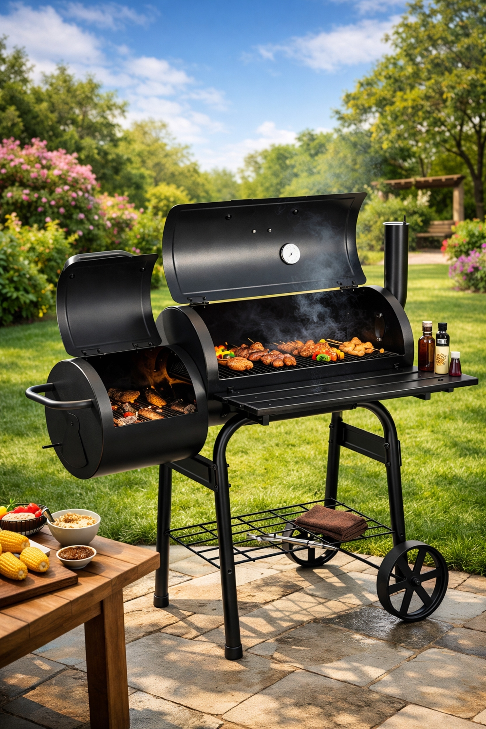 GRILL WĘGLOWY OGRODOWY BECZKA Z WĘDZARNIĄ TERMOMETR DUŻY RUSZT PÓŁKI KOMIN Wykonanie rusztu stalowy