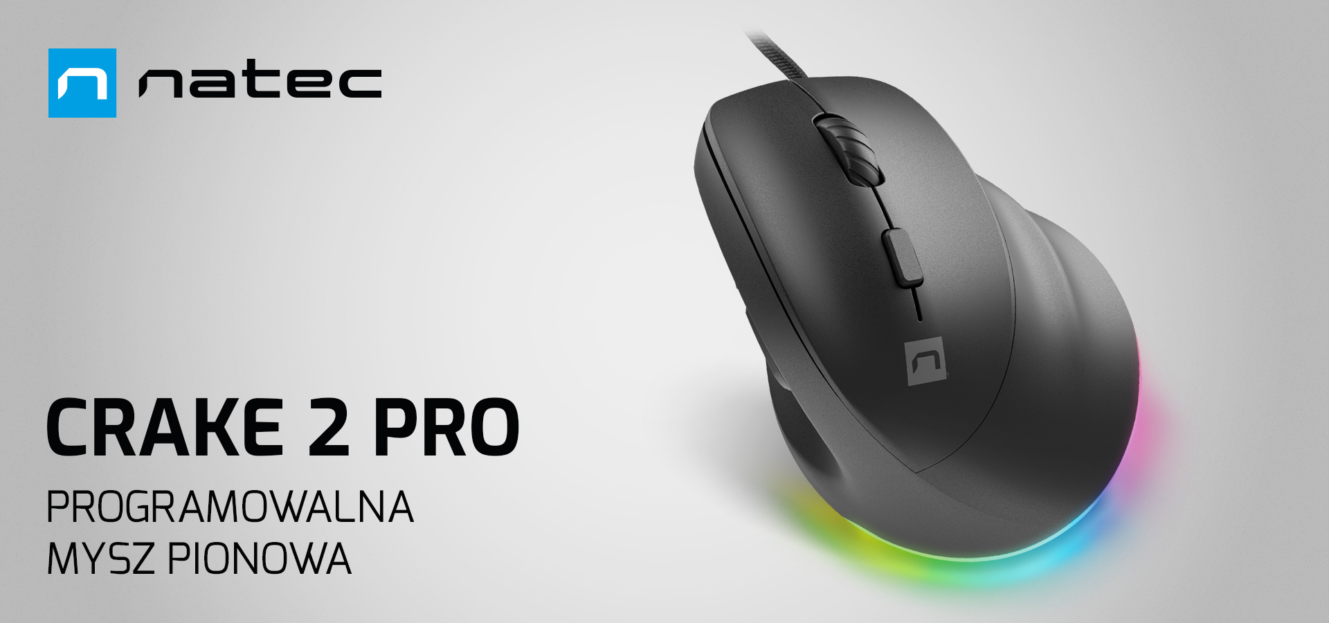 Mysz Natec Crake 2 na szarym tle. W rogu napis: 