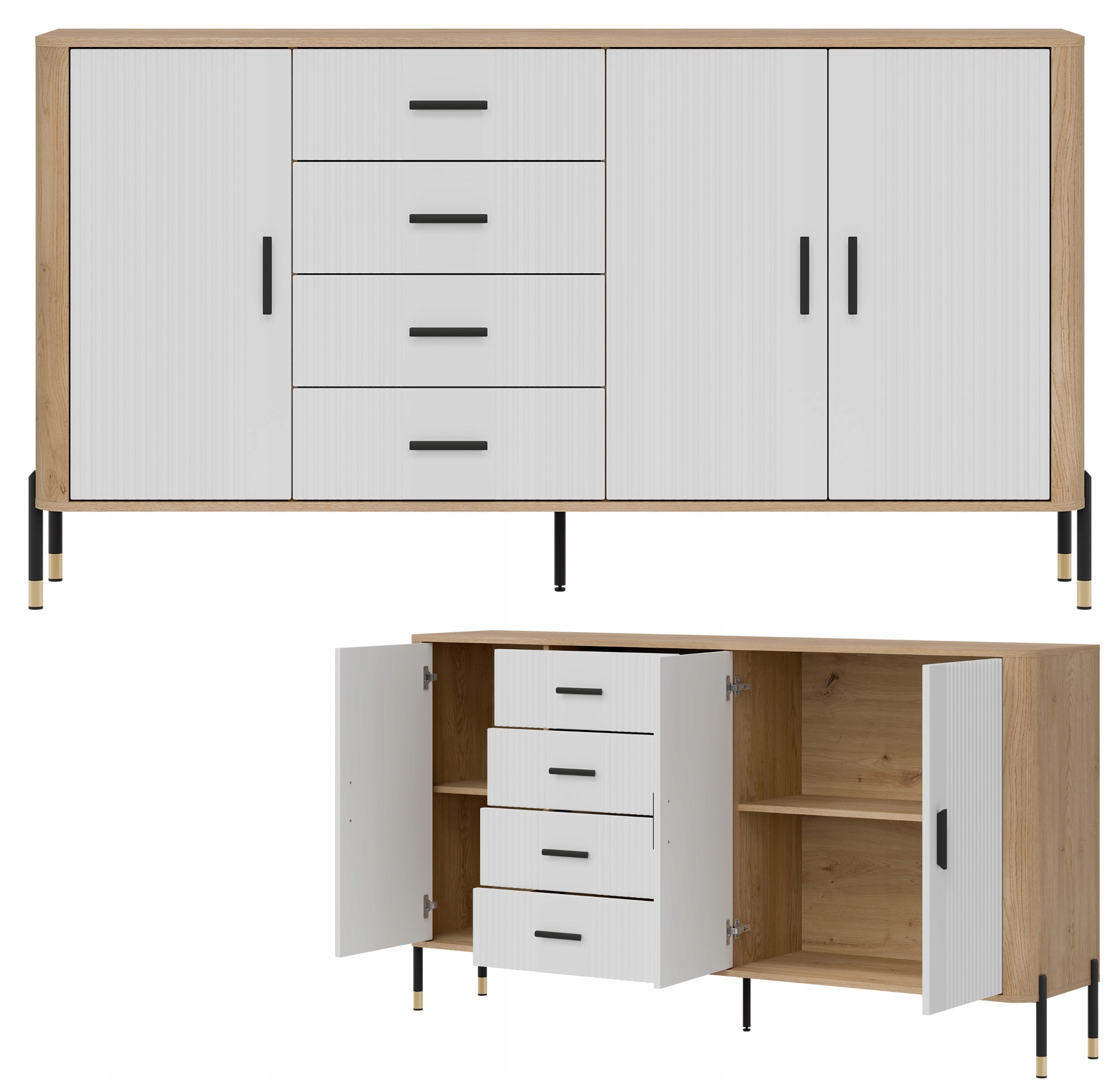 Komoda Szafka trzydrzwiowa z 4 szufladami Dąb Biały Złoty DANTE DT10 – Elegancja i funkcjonalność w Twoim wnętrzu