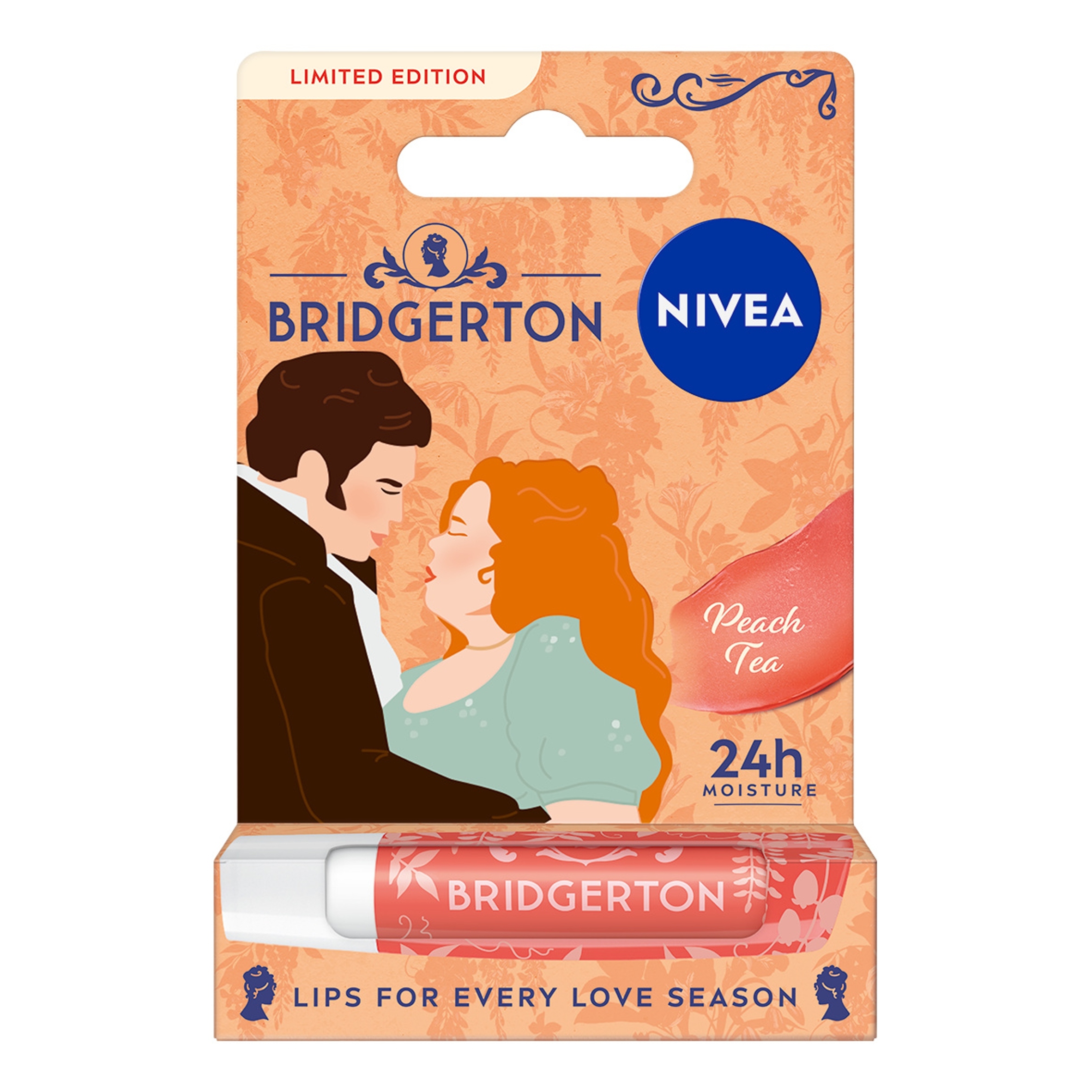 NIVEA Bridgerton Edition pielęgnująca pomadka do ust Peach Tea 4,8g – Słodki aromat brzoskwini