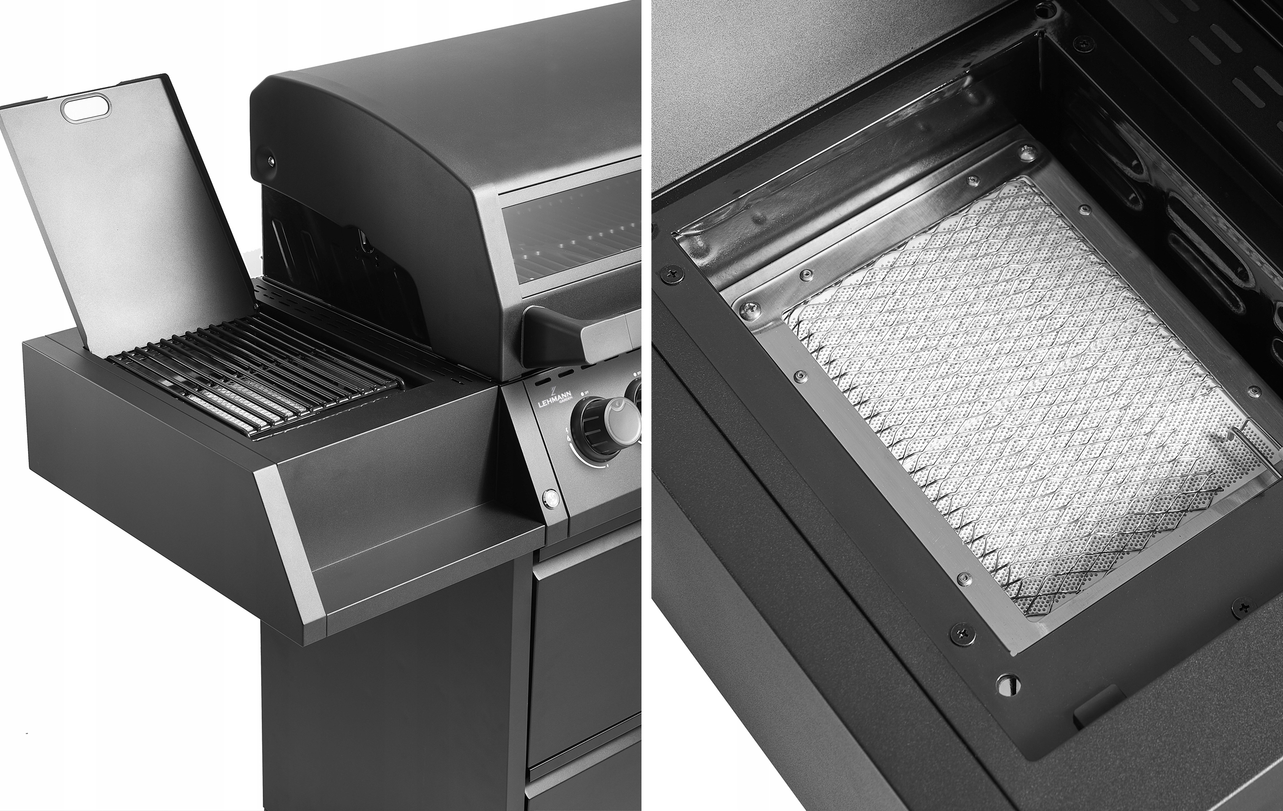 Grill gazowy Ogrodowy ŻELIWNY LEHMANN 5+1 premium 20,5 kW + szafka na butlę Cechy dodatkowe kółka miejsce na butlę nienagrzewający się uchwyt palnik boczny do gotowania pojemnik na tłuszcz pokrowiec pokrywa półka regulacja temperatury szafka termometr wiatrochron wyświetlacz