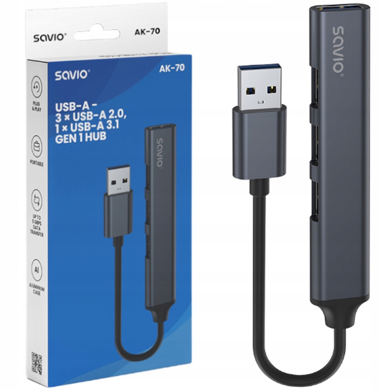 HUB USB Savio SAVIO HUB USB-A - 3 x USB-A 2.0, 1 x USB-A 3.1 Gen 1, szary