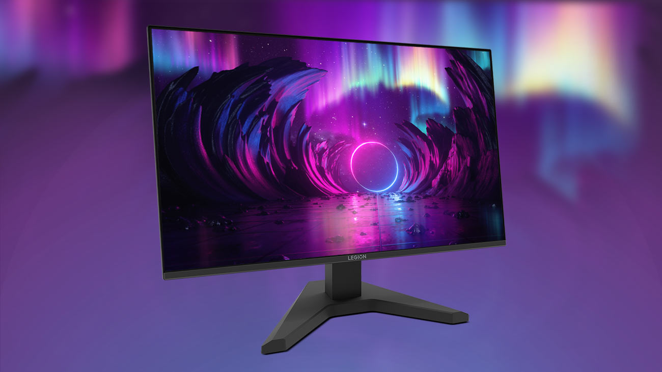 Monitor Lenovo Legion R27s o częstotliwości odświeżania 144Hz, na ekranie kolorowe wizualizacje