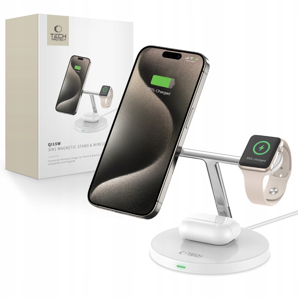 Tech-Protect QI15W-A35 3IN1 MAGNETIC MAGSAFE WIRELESS CHARGER WHITE – Innowacyjna ładowarka indukcyjna