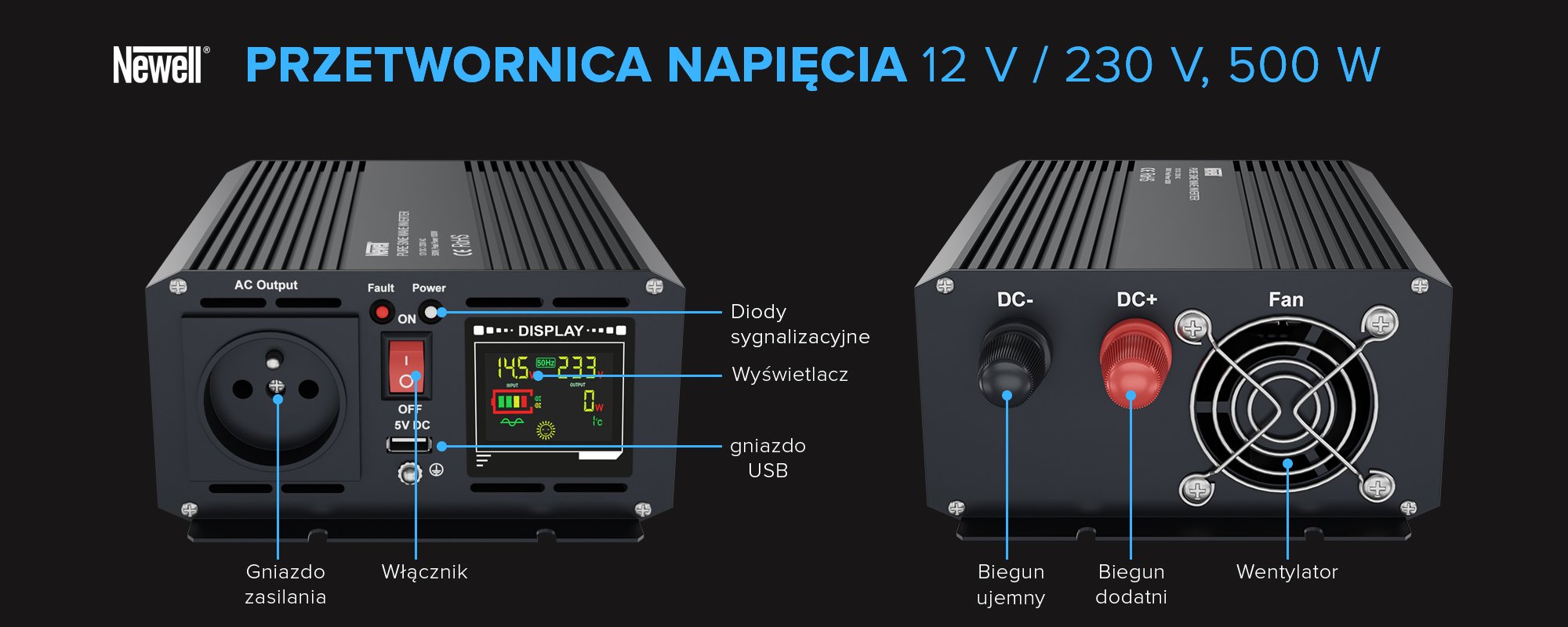 Przetwornica napięcia Newell z czystą sinusoidą - 12 V _ 230 V, 500 W