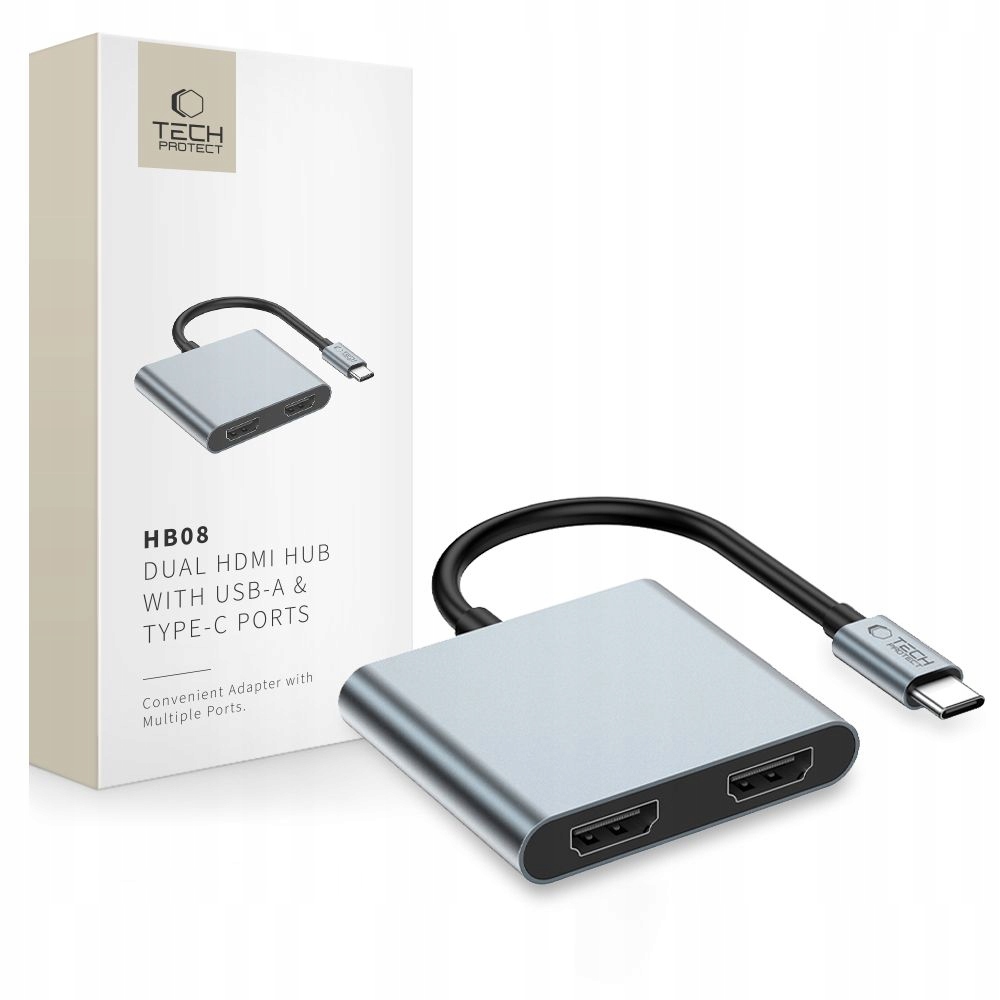 Adapter Tech-Protect HB08 HUB 4in1 USB-C, USB-A 2.0, 2xHDMI 4K 60Hz – Wszechstronność i mobilność