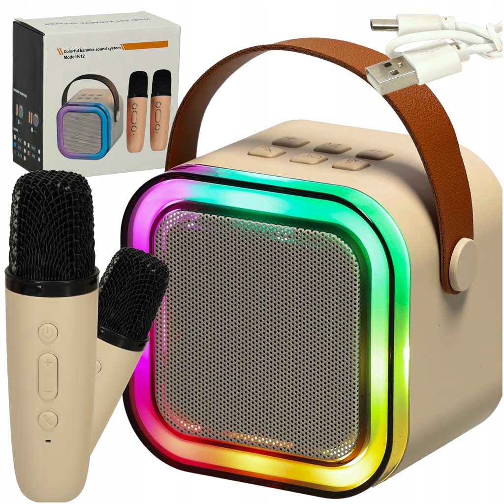 Zestaw do karaoke 2 mikrofony + głośnik przenośny BLUETOOTH USB LED beżowy – Muzyczna zabawa dla każdego