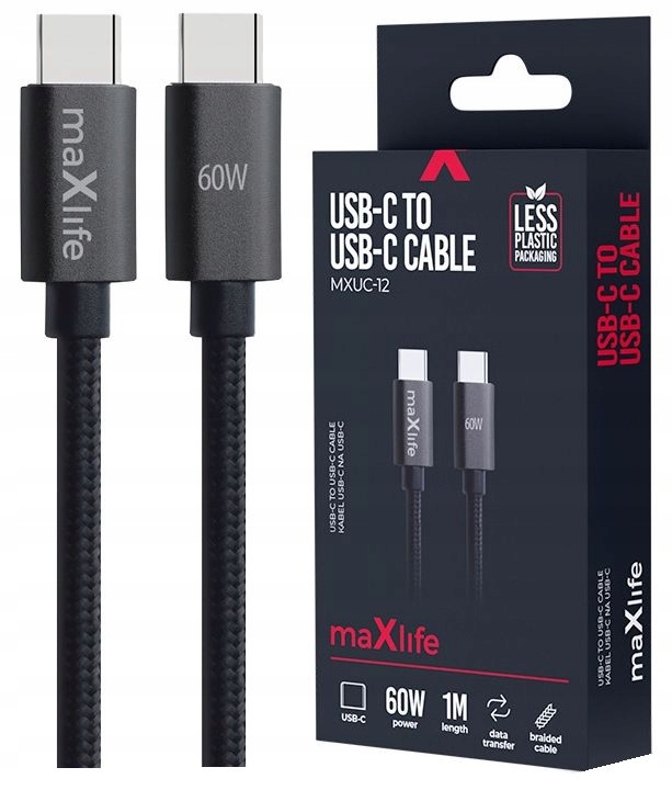 Maxlife kabel MXUC-12 USB-C - USB-C 1,0 m 60W czarny – Nowoczesne rozwiązanie dla wymagających użytkowników