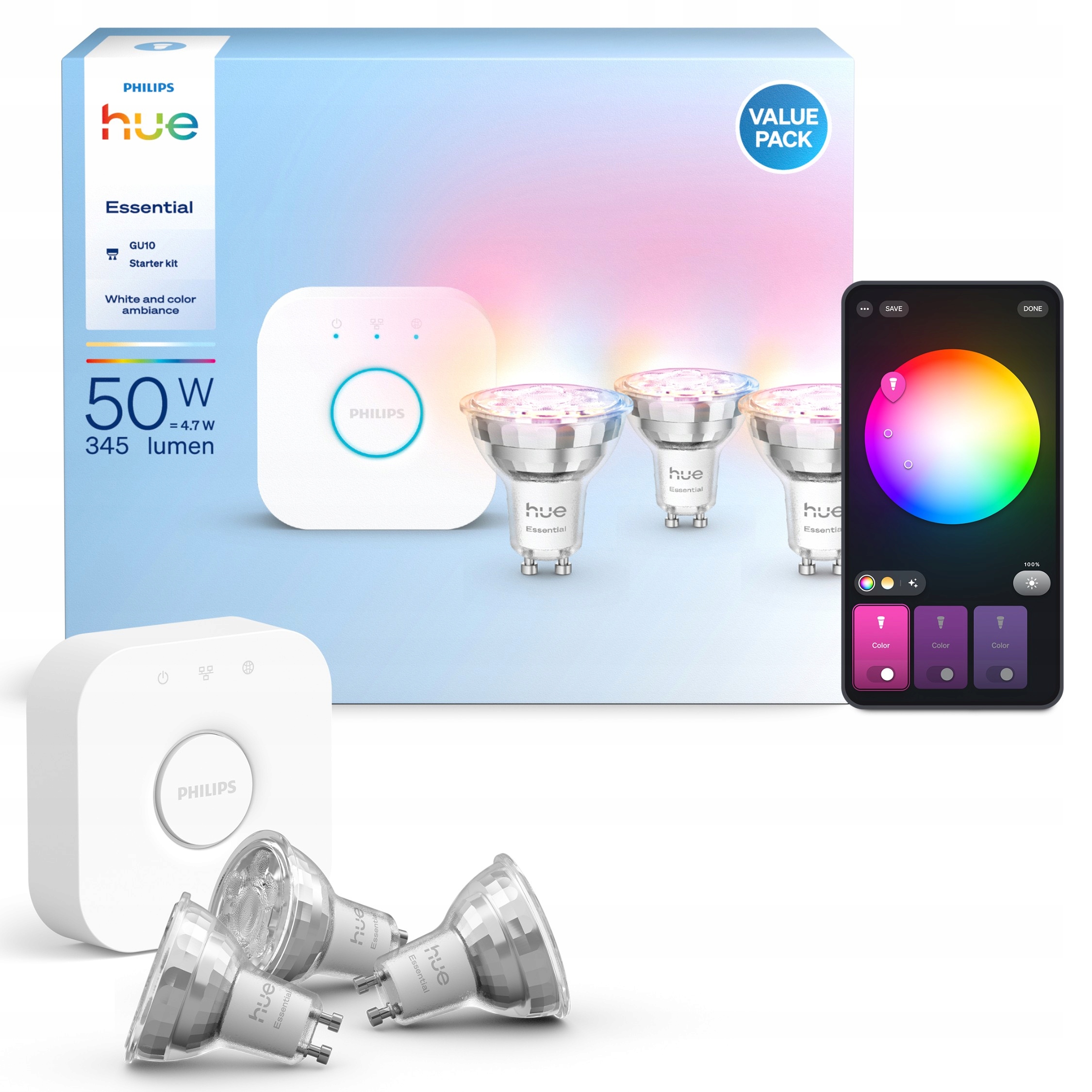 Hue Essential Starter Kit Spotlight + Hue Bridge – Inteligentne oświetlenie dla Twojego domu