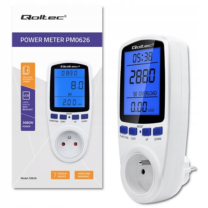 Watomierz licznik zużycia energii PM0626 | 3680W | 16A | LCD – Oszczędzaj na rachunkach