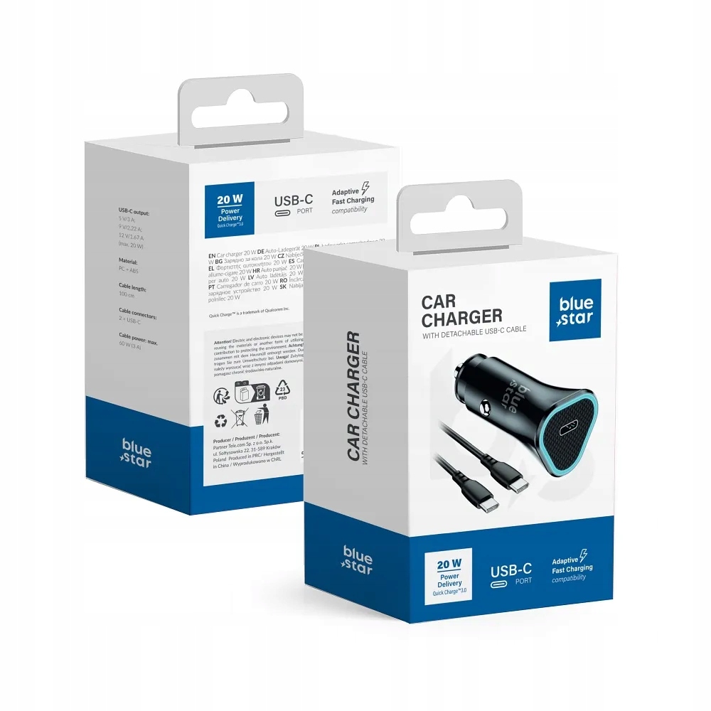 Ładowarka samochodowa 3A 20W Typ C + kabel Typ C do Typ C – Szybkie ładowanie w podróży